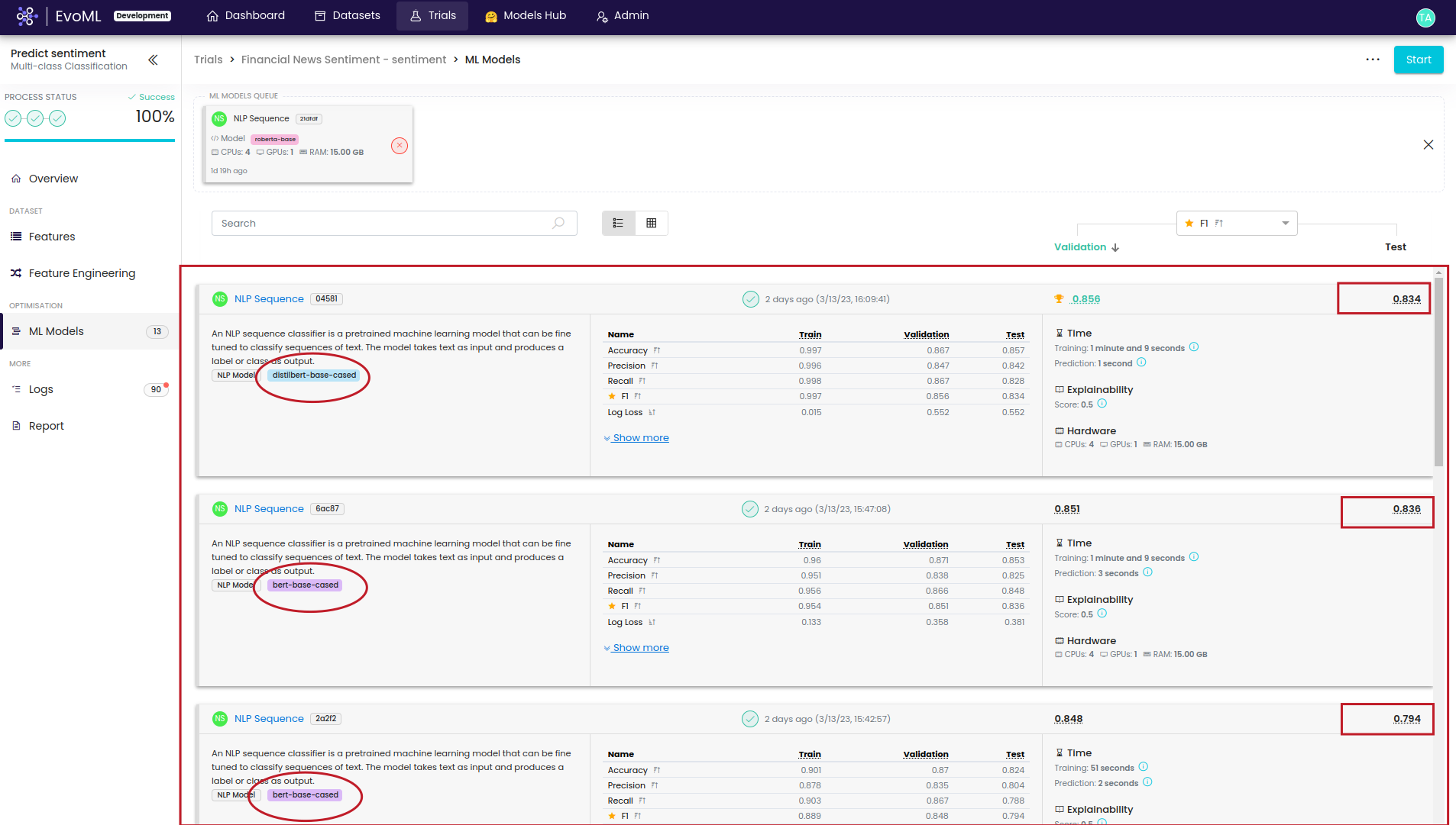 3. Run models in parallel and compare them on selected optimisation metrics.